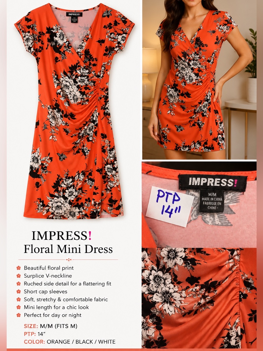 imPRESS Orange Floral Surplice Ruched Mini Dress
